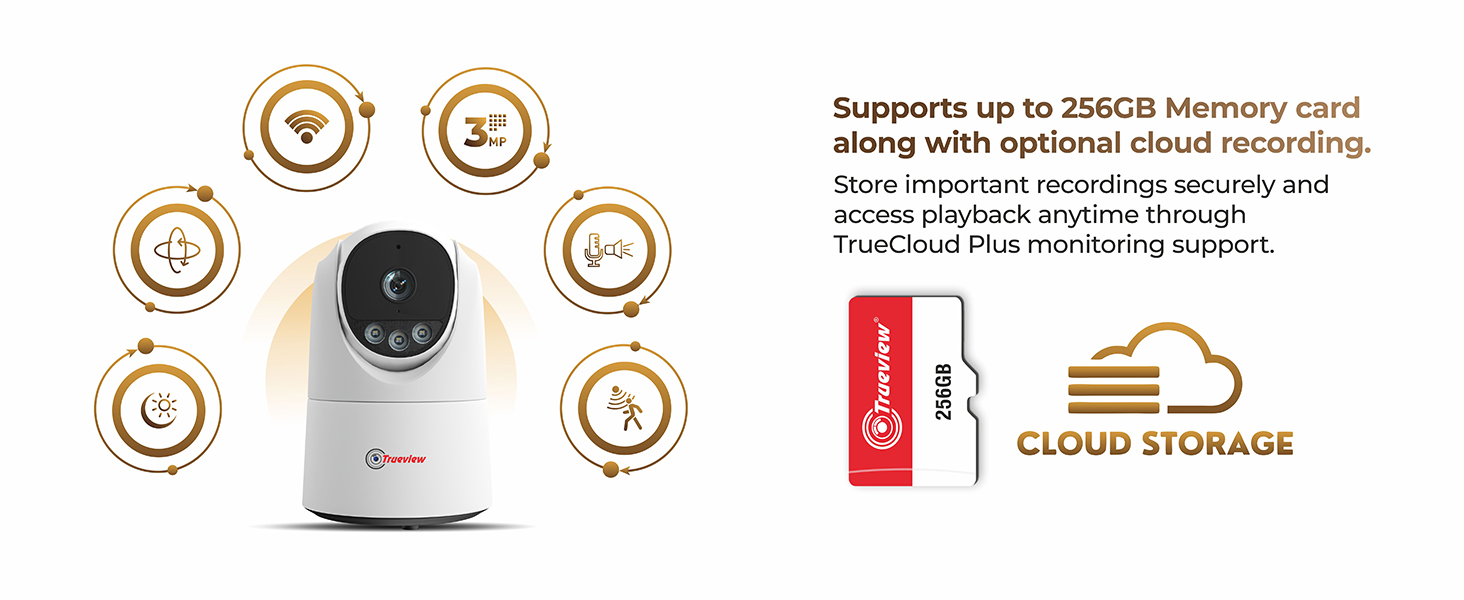 Trueview indoor WiFi security camera with pan tilt rotation and AI smart tracking technology